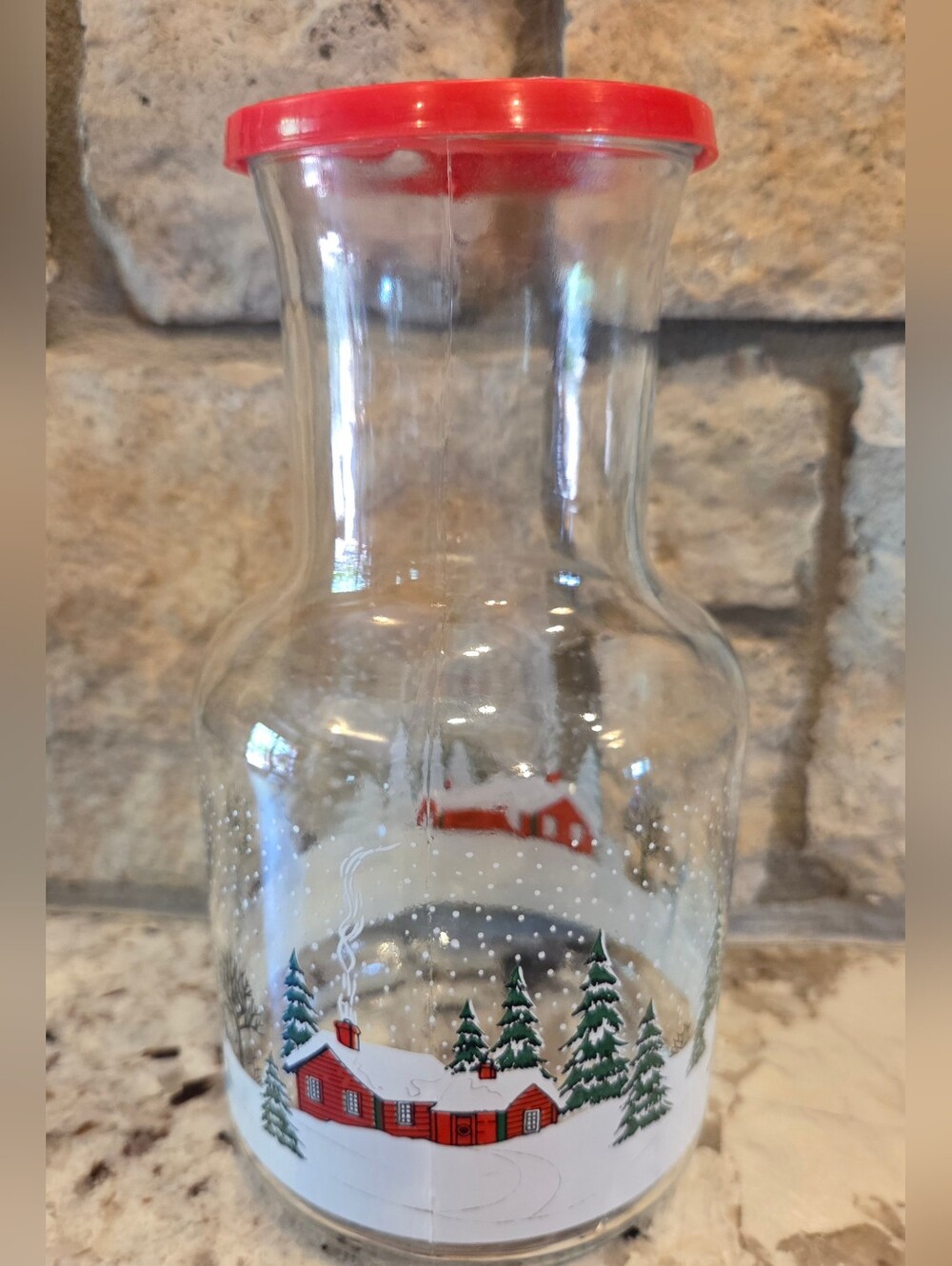 Vtg KIG Christmas Juice Carafe Pitcher Winter Wonderland Sleigh Cabin Red Lid